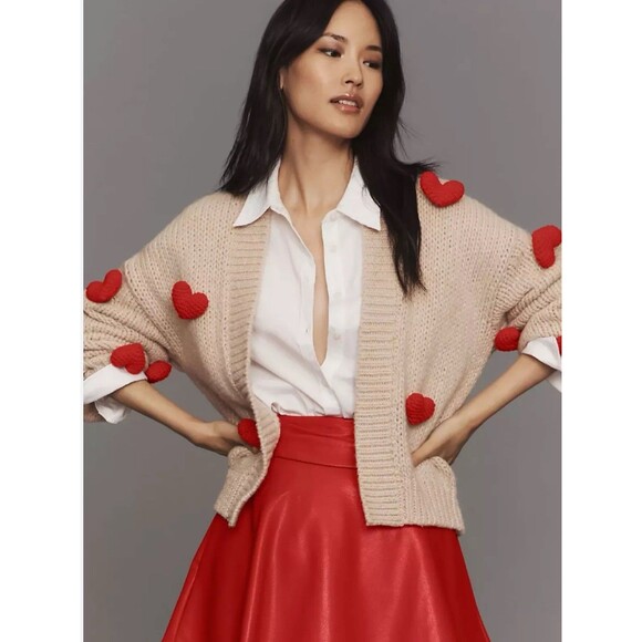 Anthropologie Maeve Cardigan Sweater The Susannah 3D Heart Preppy One Size NWT - Picture 1 of 11